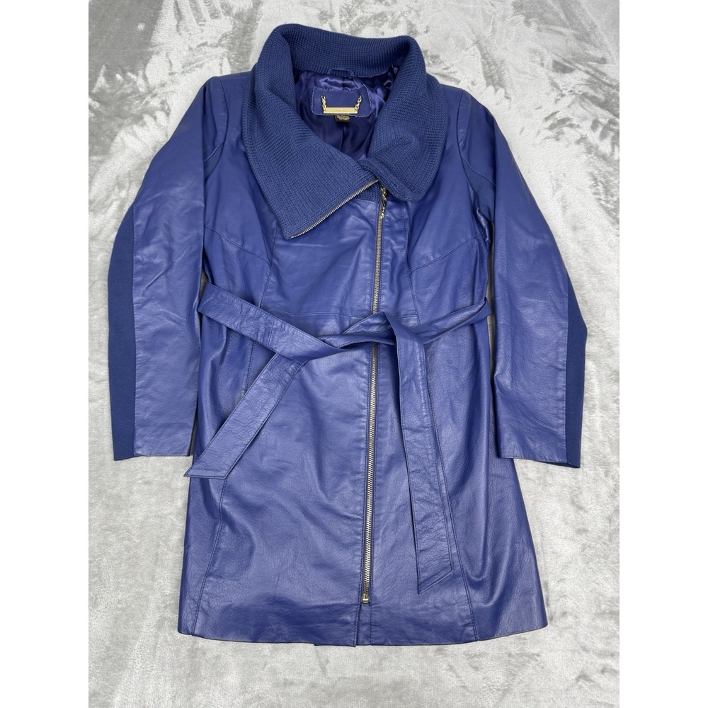 IMAN Blue Leather Trench Coat Womens Small S Zipper Belted Knit Jacket Retro Y2K